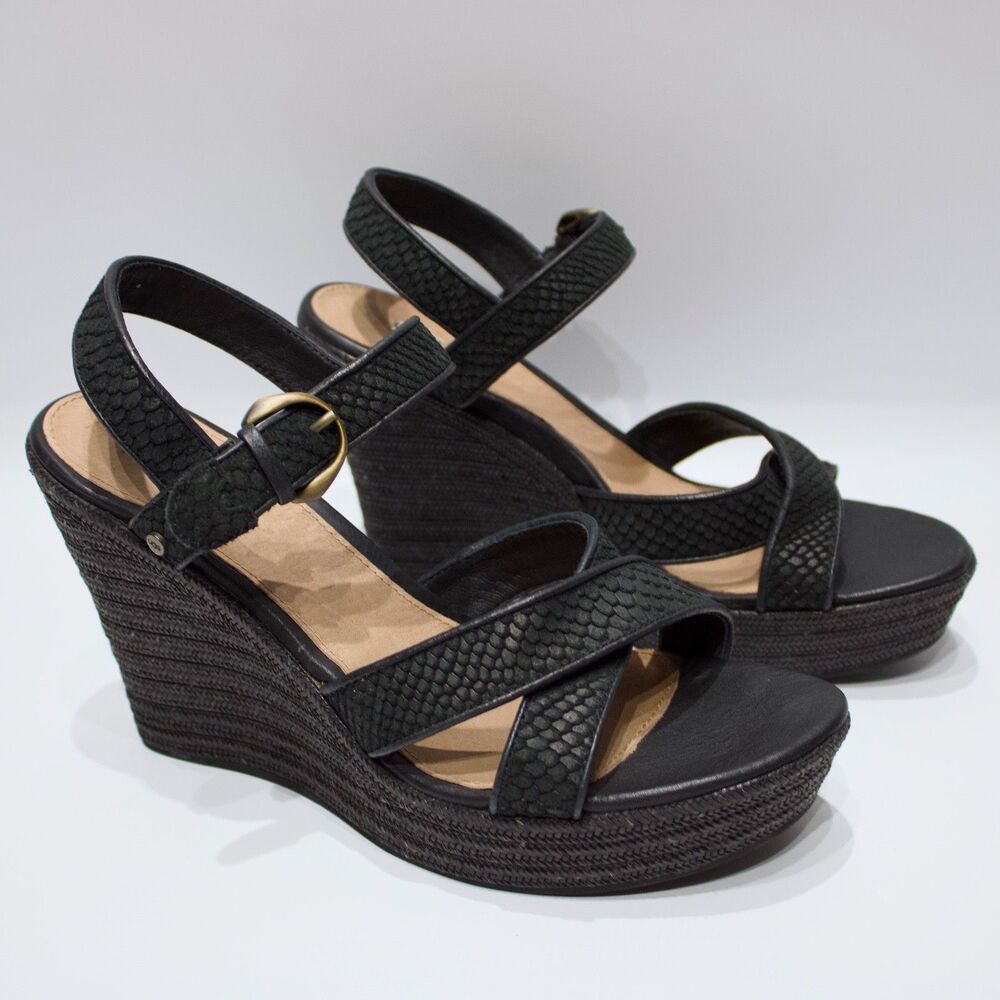 Ugg Jazmine Black Leather Strappy 4.5" Wedge Sandal Women Size 11 - Worn Once!